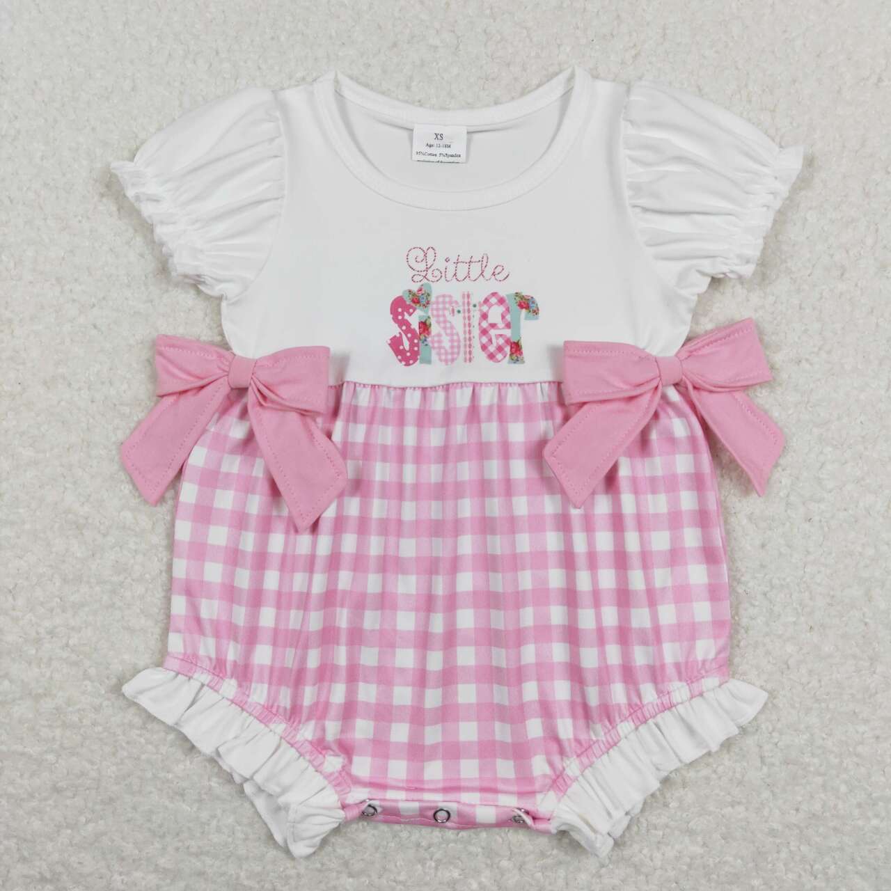 SR0588  Pink Little Sister Floral Bow  Girls Short Sleeve Romper