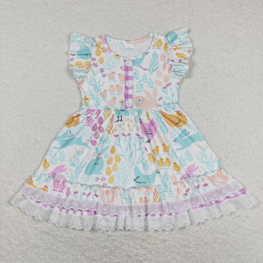 GSD0701  Easter Blue Pink Rabbits  Girls Short Sleeve Dresses