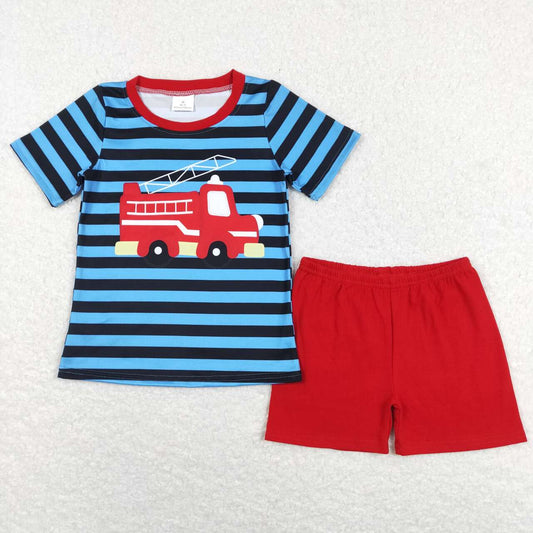 BSSO0469  Blue Red Firemen Car Boys Short Sleeve Shorts Outfits