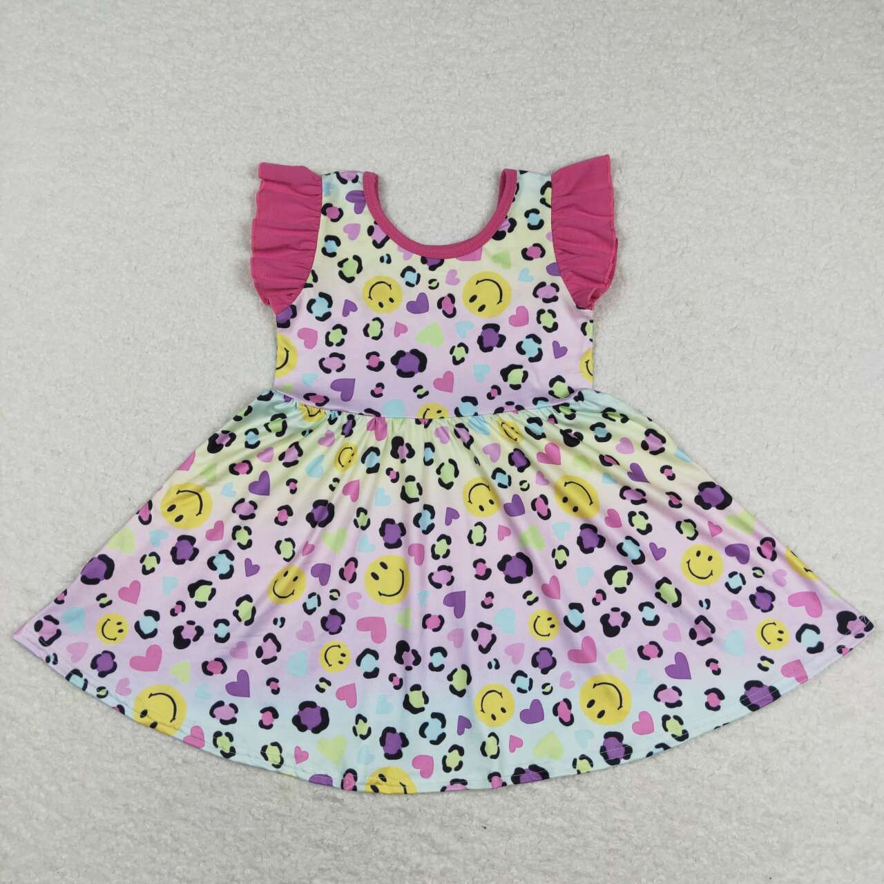 GSD0726 Valentine Love Pink Leopard Smile Girls Short Sleeve Dresses