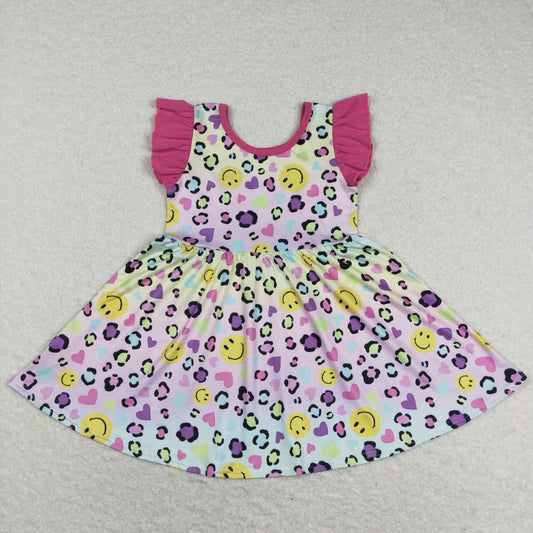 GSD0726 Valentine Love Pink Leopard Smile Girls Short Sleeve Dresses