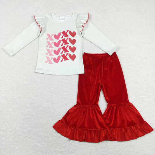 2Pcs GT0441 Valentine Pink Love Top + P0417 Red Velvet  Girls Long Sleeve Pants Outfits