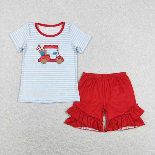 GSSO0432 Red Blue Golf Embroidery Girls Short Sleeve Shorts Outfits