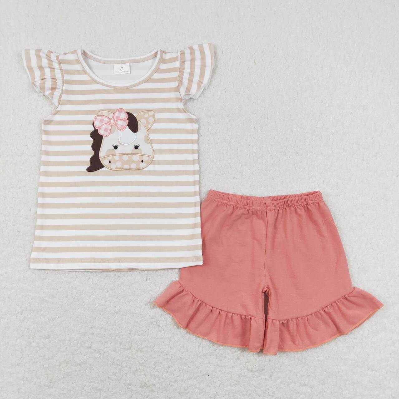 GSSO0423 Pink Cow Embroidery Girls Short Sleeve Shorts Outfits