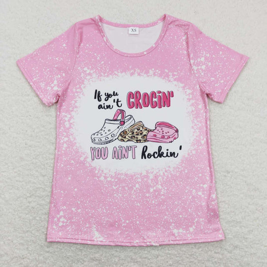 GT0444   Adult Pink Crocin rockin  Girls Short Sleeve Top T-shirts