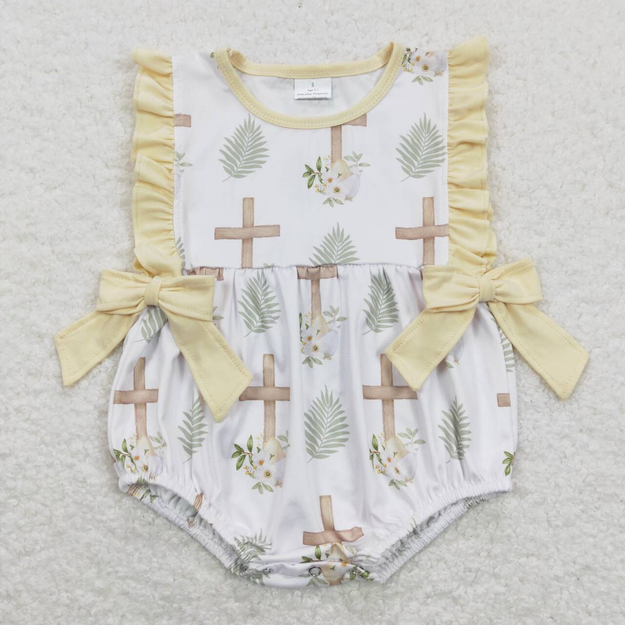 SR0619  Easter Yellow Cross Bow Girls Short Sleeve Romper