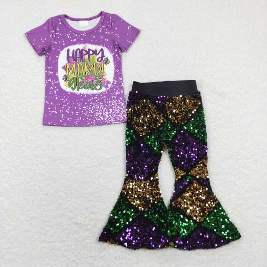 GSPO1384 2pcs Mardi Gras Yellow Green Purple Sequin Girls Short Sleeve Bell Bottom Pants Outfits