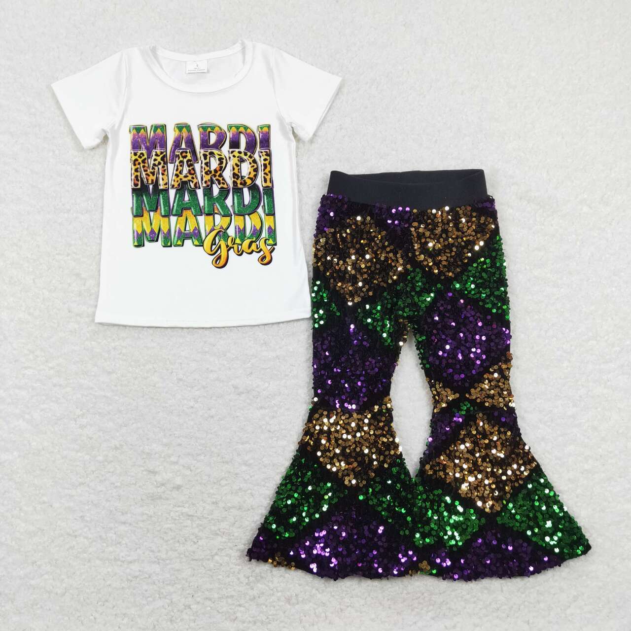 GSPO1383 2pcs Mardi Gras Yellow Green Purple Sequin Girls Short Sleeve Bell Bottom Pants Outfits