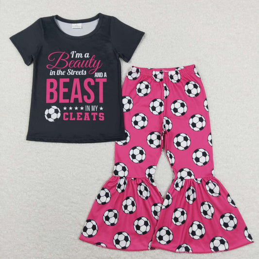 GSPO1262 Pink Soccer Beast Beauty Girls Short Sleeve Bell Bottom Pants Outfits