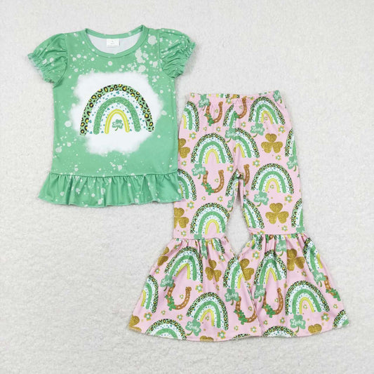 GSPO1234  St. Patrick  Green Rainbow Lucky Clover Girls Short Sleeve Bell Bottom Pants Outfits