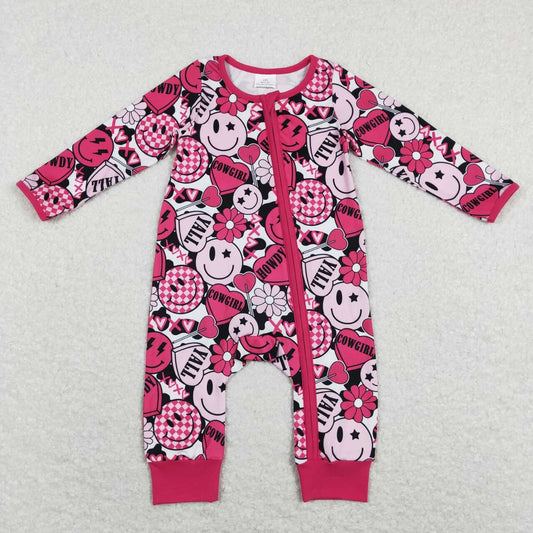 LR0896 Valentine Howdy Cowgirl Smile  Love Pink Zipper Girls Long Sleeve Romper