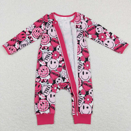 LR0896 Valentine Howdy Cowgirl Smile  Love Pink Zipper Girls Long Sleeve Romper