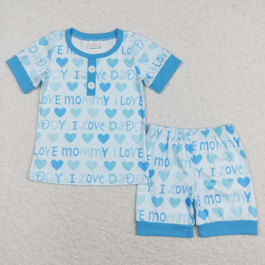 BSSO0411 Valentine  Blue Love Mommy Dad Boys Short Sleeve Shorts Outfits Pajamas