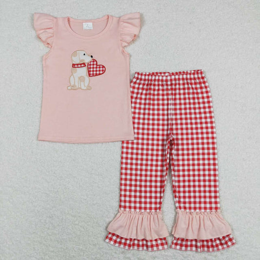 GSPO1161 Valentine Love Red Dog Embroidery  Girls Short Sleeve Bell Bottom Pants Outfits