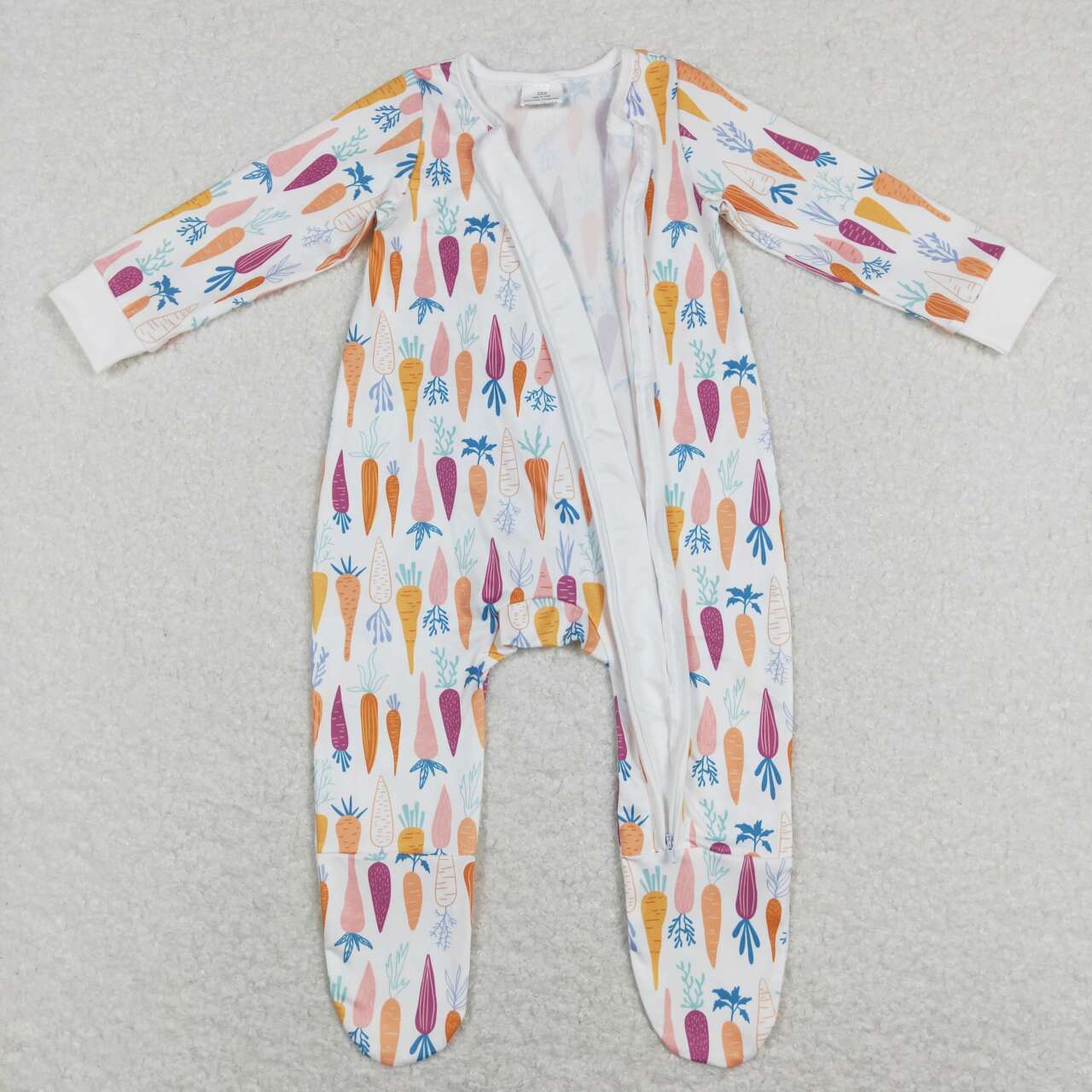 LR0890 Easter Rabbit Yellow Carrots Zipper Girls Long Sleeve Romper