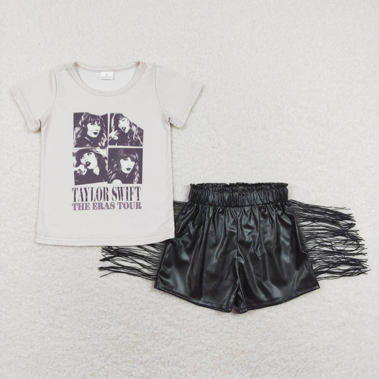 2pcs GT0435 Grey Taylor Singer   Girl SS0094 Black Tassel leather pants Girls Shorts Girls Short Sleeve Shorts Outfits