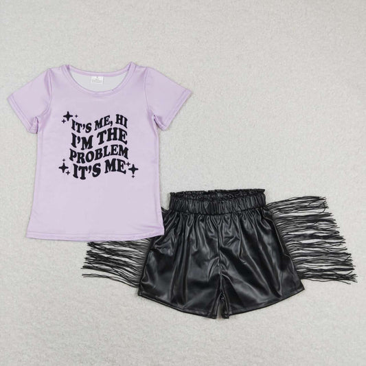 2pcs GT0432 Purple Taylor Singer   Girl SS0094 Black Tassel leather pants Girls Shorts Girls Short Sleeve Shorts Outfits