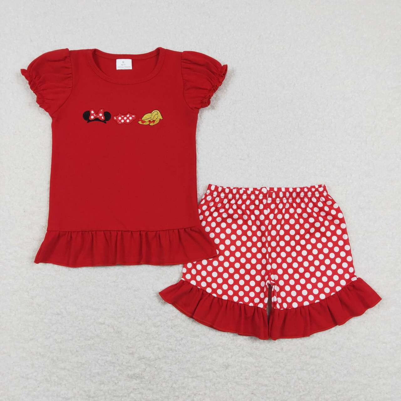 GSSO0450 Red M Cartoon Embroidery Girls Short Sleeve Shorts Outfits