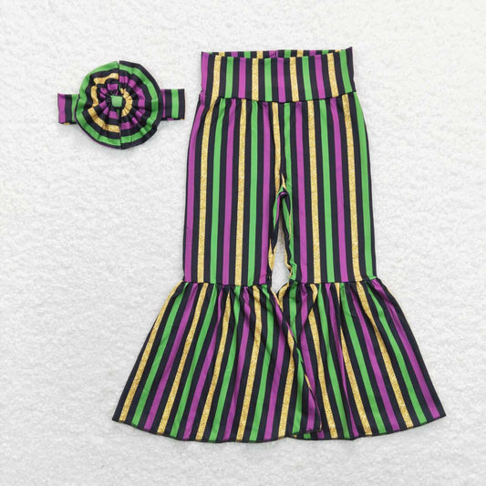 P0405 Mardi Gras Stripes Purple Green Girls Legging Long Pants Bell Bottom headband