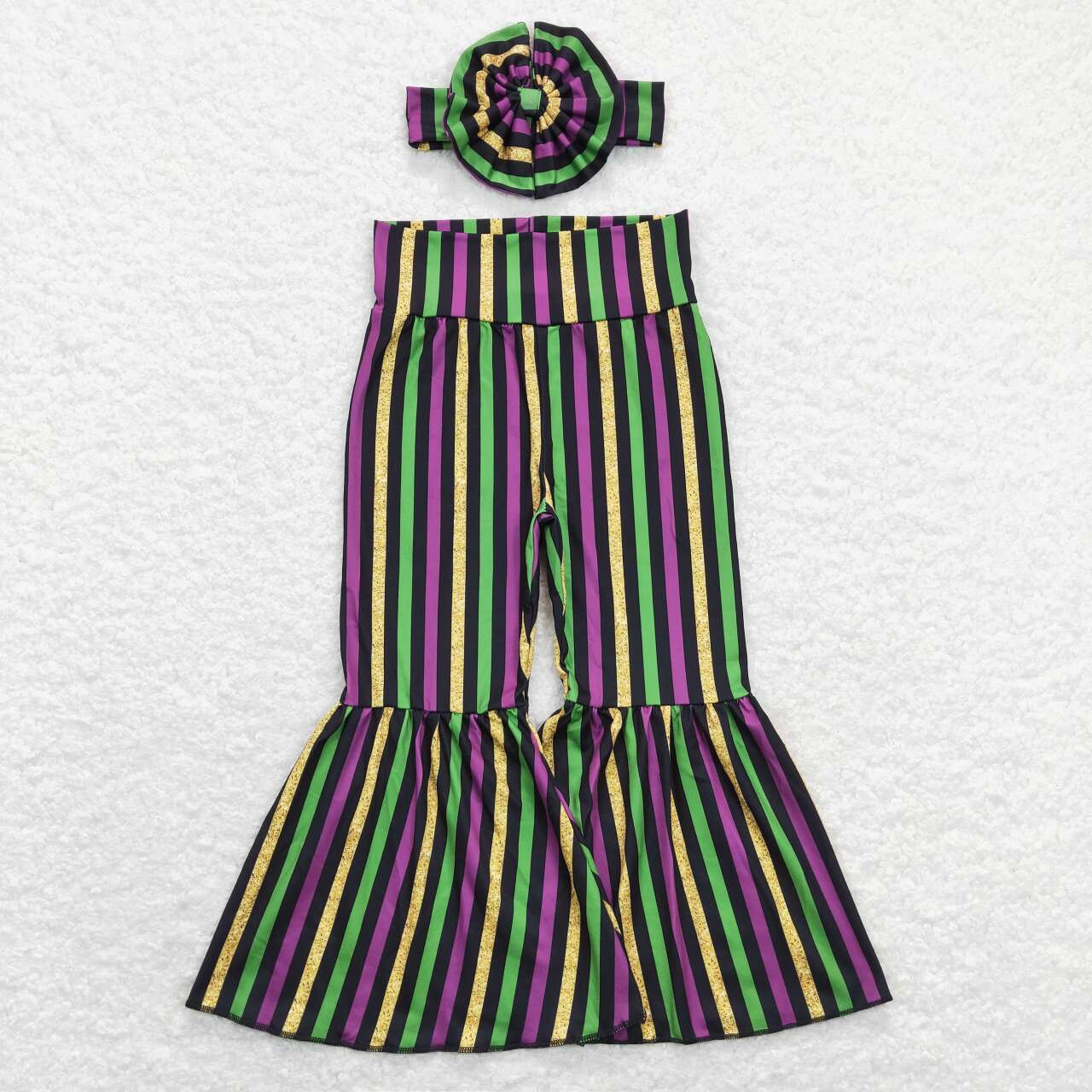 P0405 Mardi Gras Stripes Purple Green Girls Legging Long Pants Bell Bottom headband