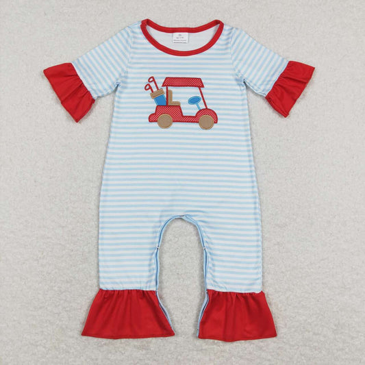 SR0699  Red Blue Golf Embroidery  Girls Short Sleeve Romper