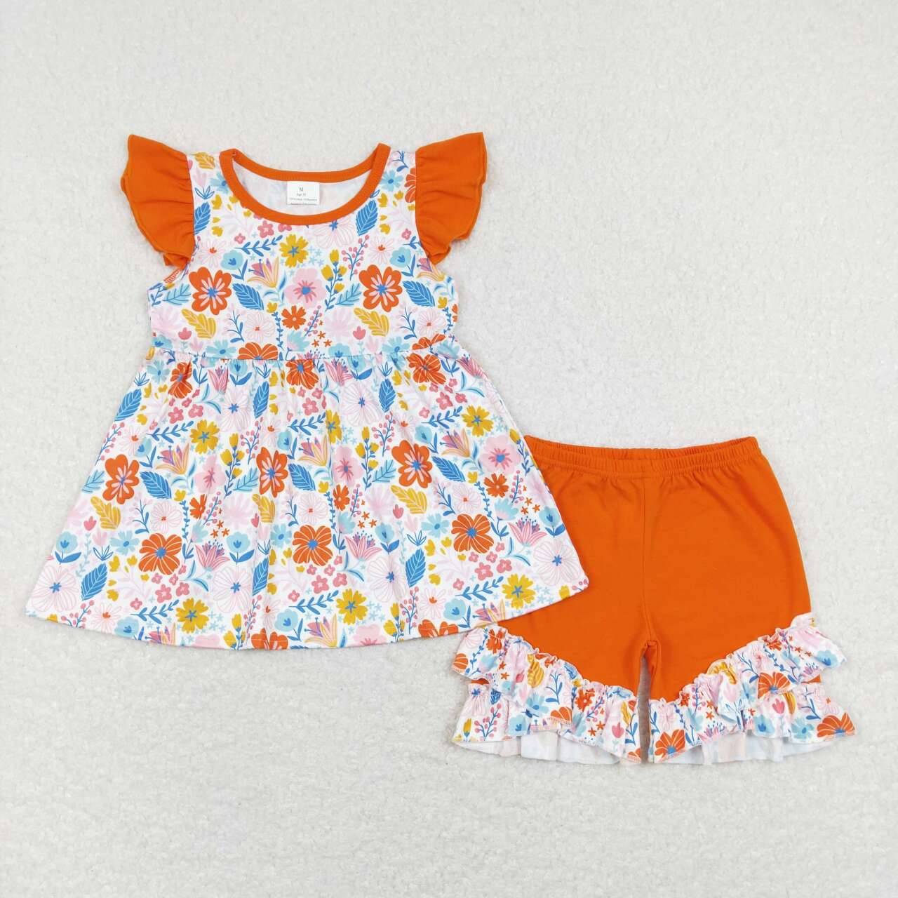 GSSO0510 Orange Blue Floral Girls Short Sleeve Shorts Outfits