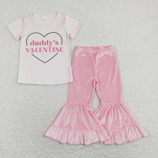 GSPO1397 2Pcs GT0452 Valentine Pink Top + P0416 Pink Velvet  Girls Long Sleeve Pants Outfits