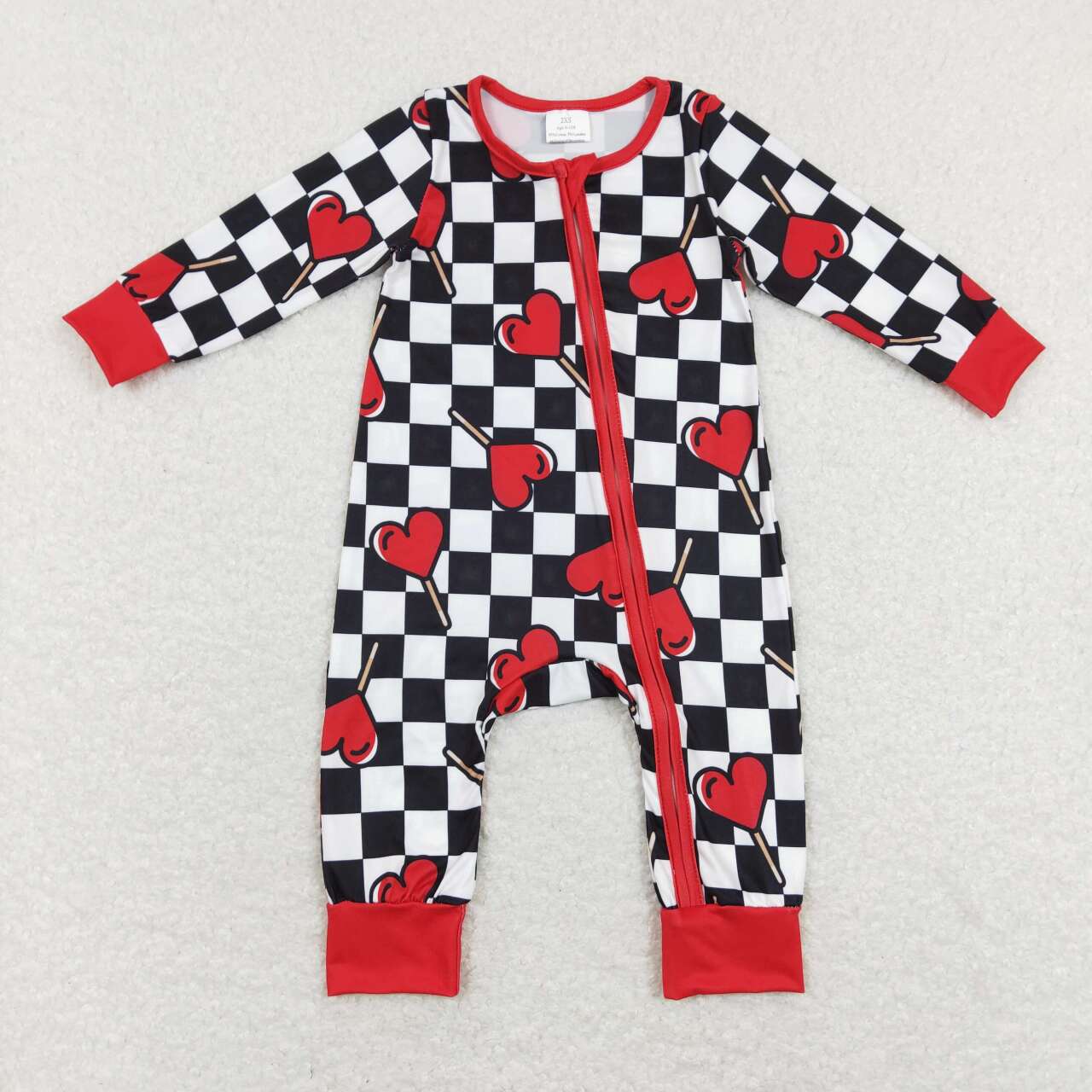 LR0856 Valentine Red Black Plaid  Zipper Girls Long Sleeve Romper