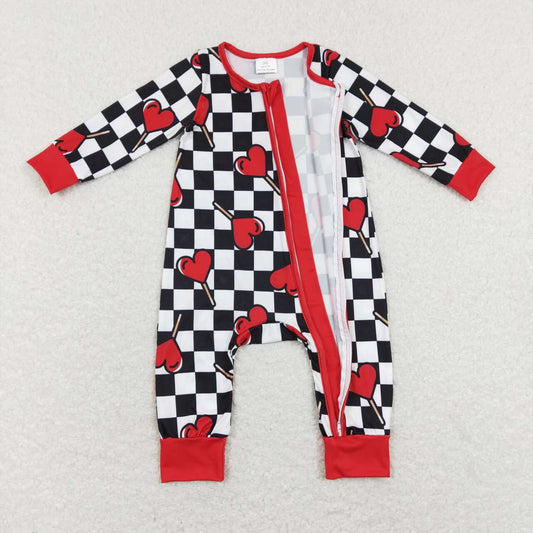 LR0856 Valentine Red Black Plaid  Zipper Girls Long Sleeve Romper