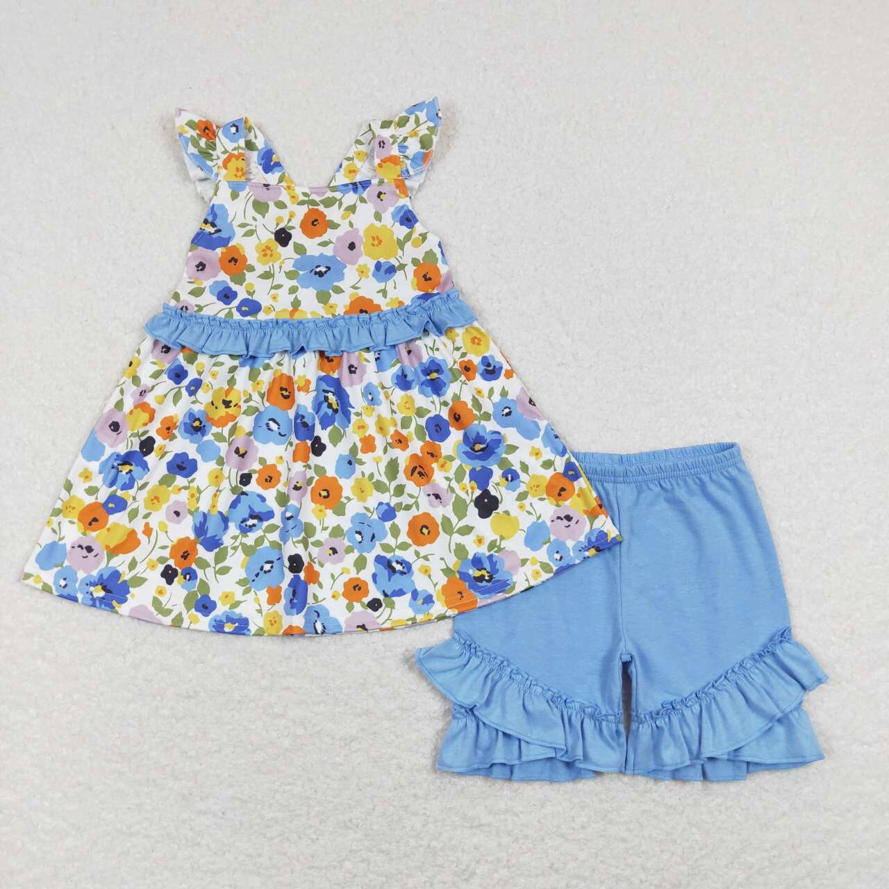 GSSO0494 Blue Orange Floral Girls Short Sleeve Shorts Outfits