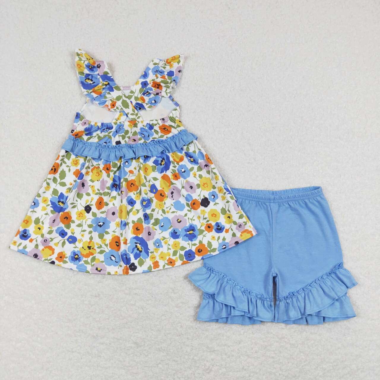 GSSO0494 Blue Orange Floral Girls Short Sleeve Shorts Outfits