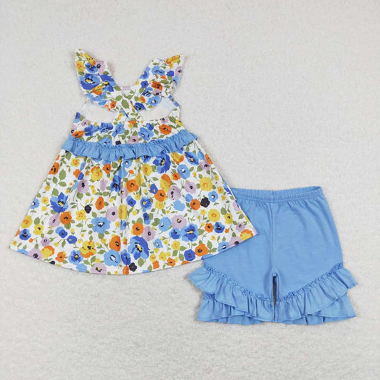 GSSO0494 Blue Orange Floral Girls Short Sleeve Shorts Outfits