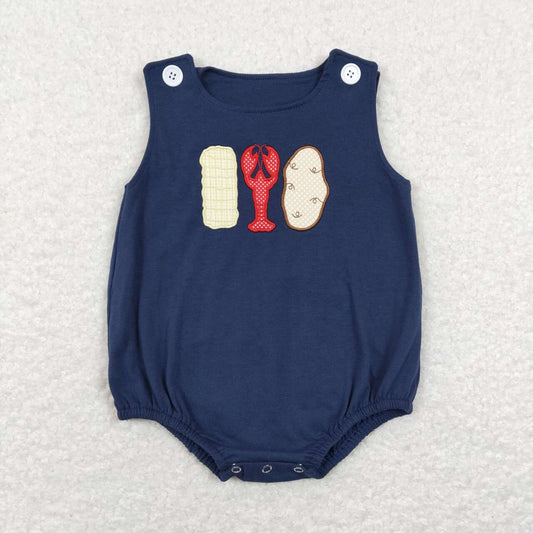 SR0740  Red Blue Crayfish  Embroidery  Girls Short Sleeve Romper