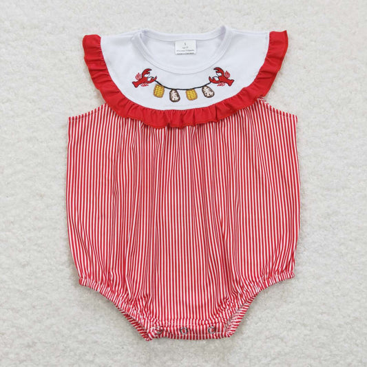 SR0741  Red Crayfish  Embroidery  Girls Short Sleeve Romper