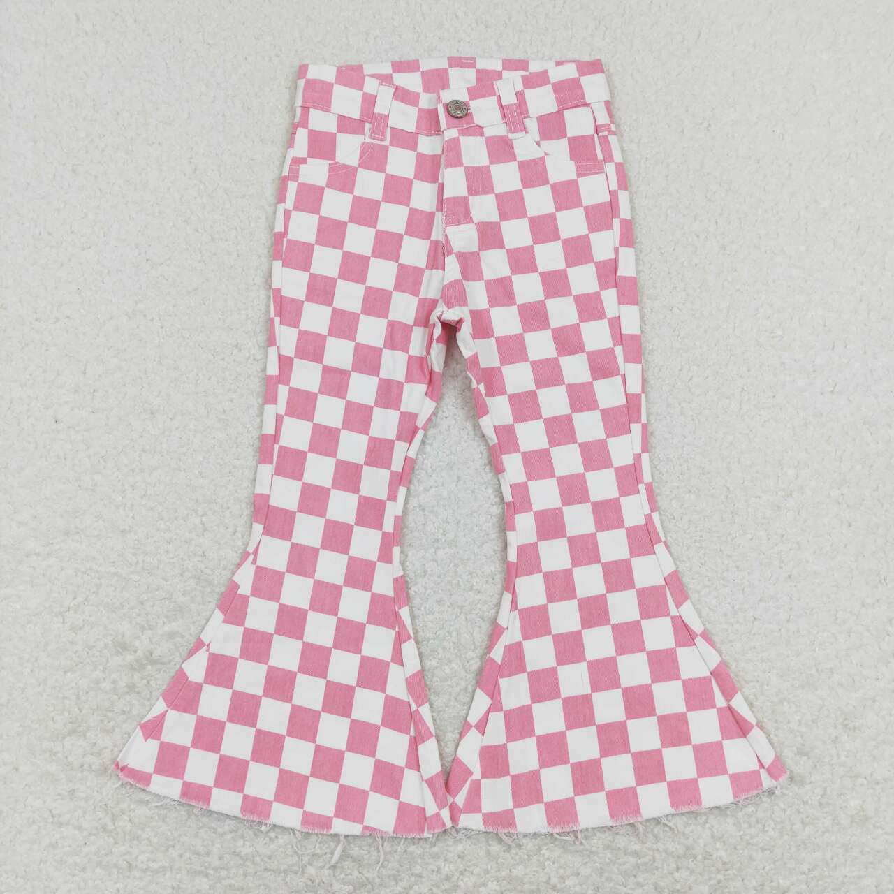 P0348  Pink Plaid  Girls Bell Pants Denim Jeans