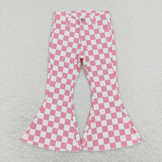 P0348  Pink Plaid  Girls Bell Pants Denim Jeans