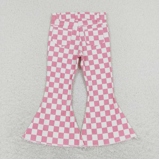 P0348  Pink Plaid  Girls Bell Pants Denim Jeans