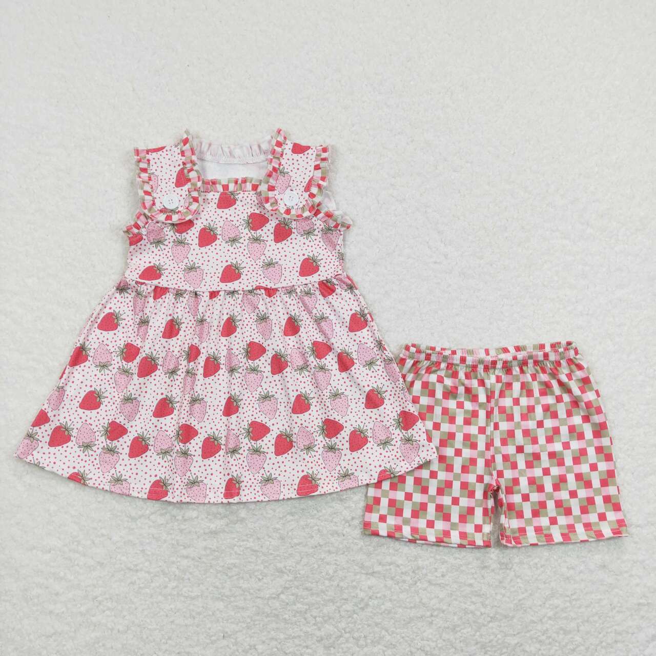 GSSO0499  Pink Strawberry  Girls Short Sleeve Shorts Outfits