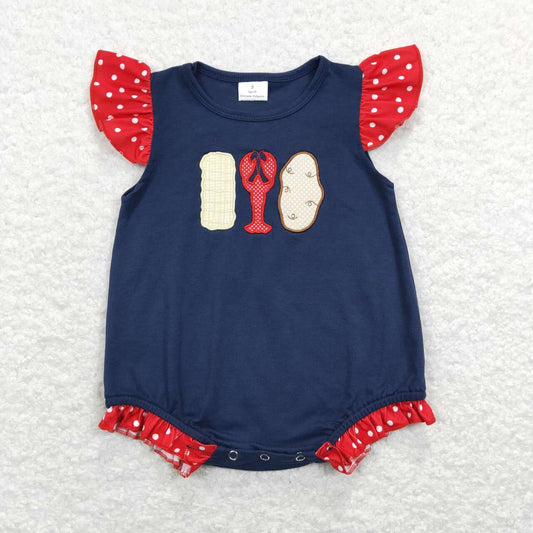 SR0739  Red Blue Crayfish  Embroidery  Girls Short Sleeve Romper