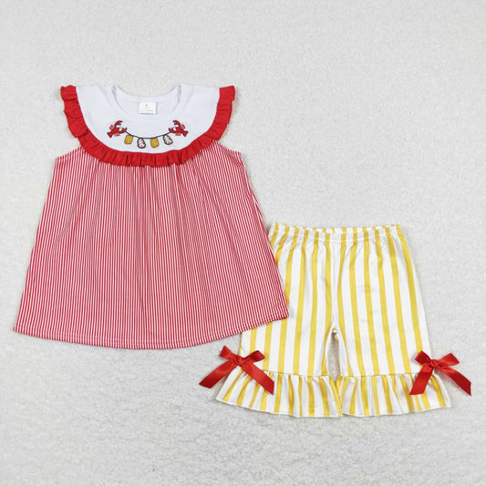 GSSO0453 Red Yellow Crayfish  Embroidery Girls Short Sleeve Shorts Outfits