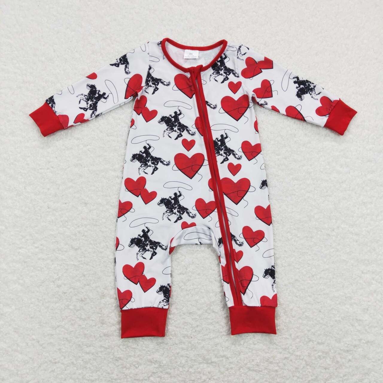 LR0903 Valentine Red Rodeo Zipper Girls Long Sleeve Romper