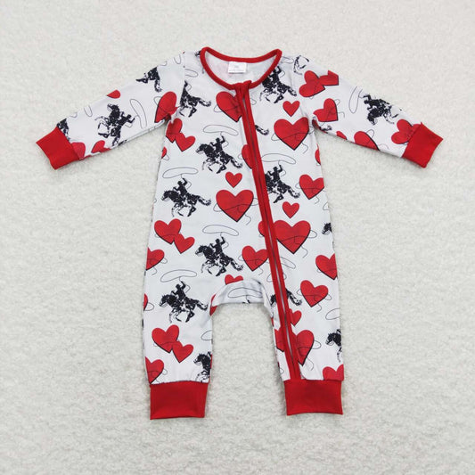 LR0903 Valentine Red Rodeo Zipper Girls Long Sleeve Romper