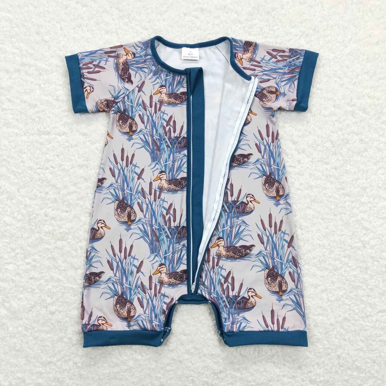 SR0802 Blue Fish duck Zipper Girls Short Sleeve Romper