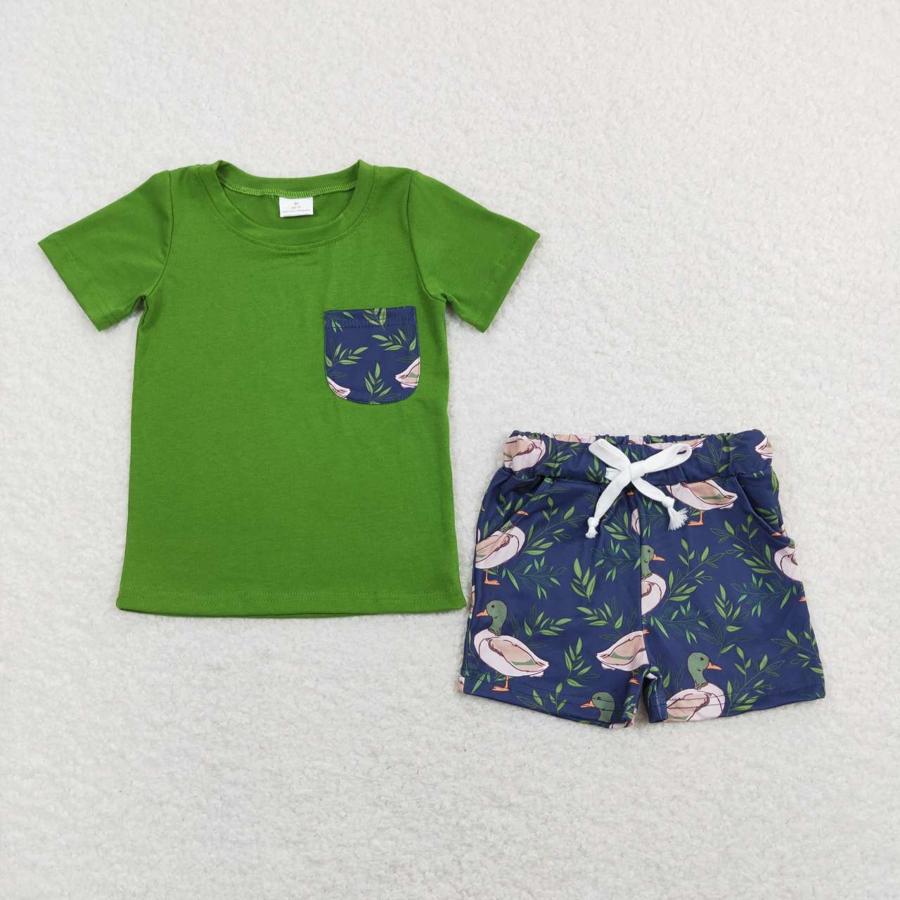 BSSO0480 Blue Green Duck  Pocket Boys Short Sleeve Shorts Outfits