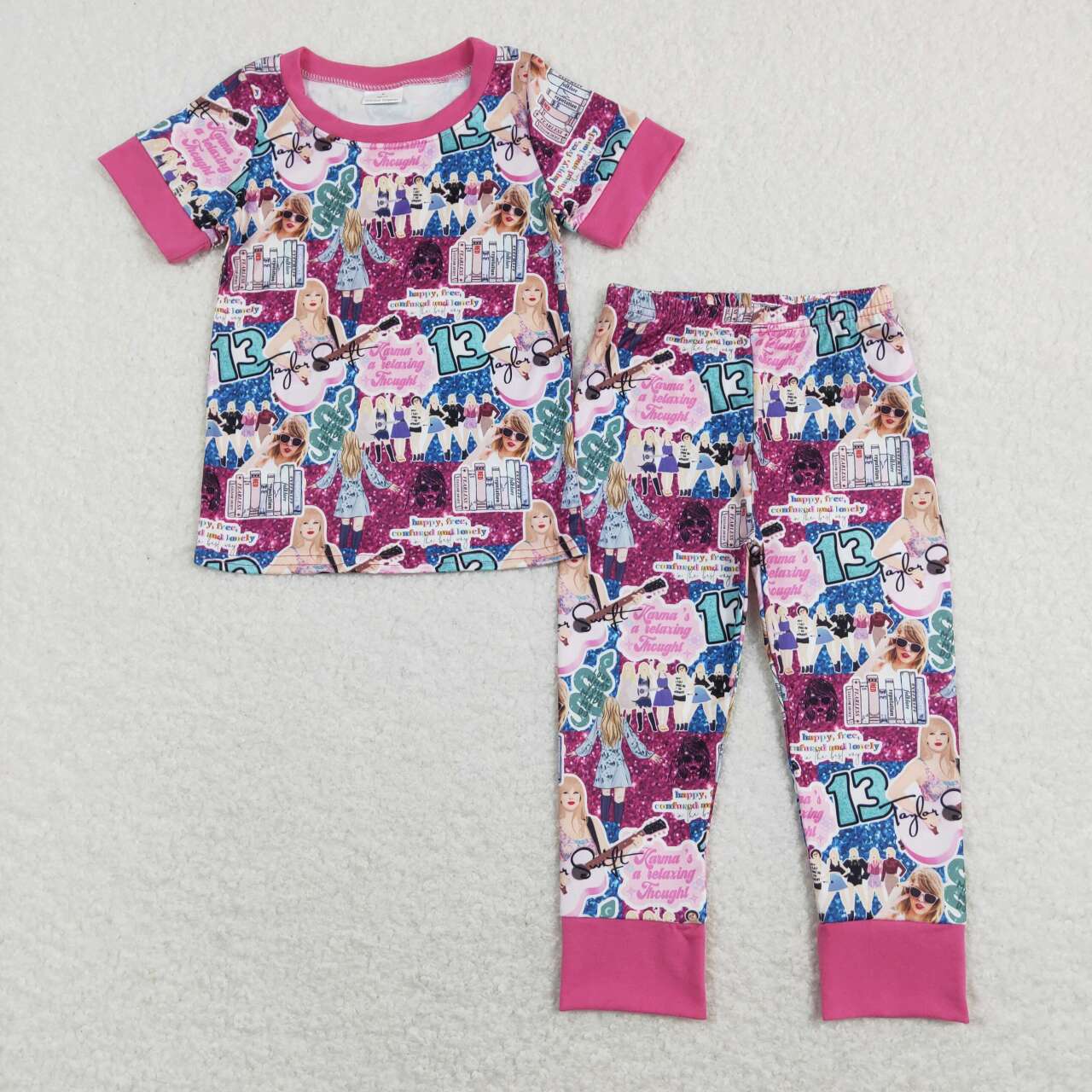 GSPO1332 Pink Taylor Singer Girls Short Sleeve Bell Bottom Pants Outfits Pajamas