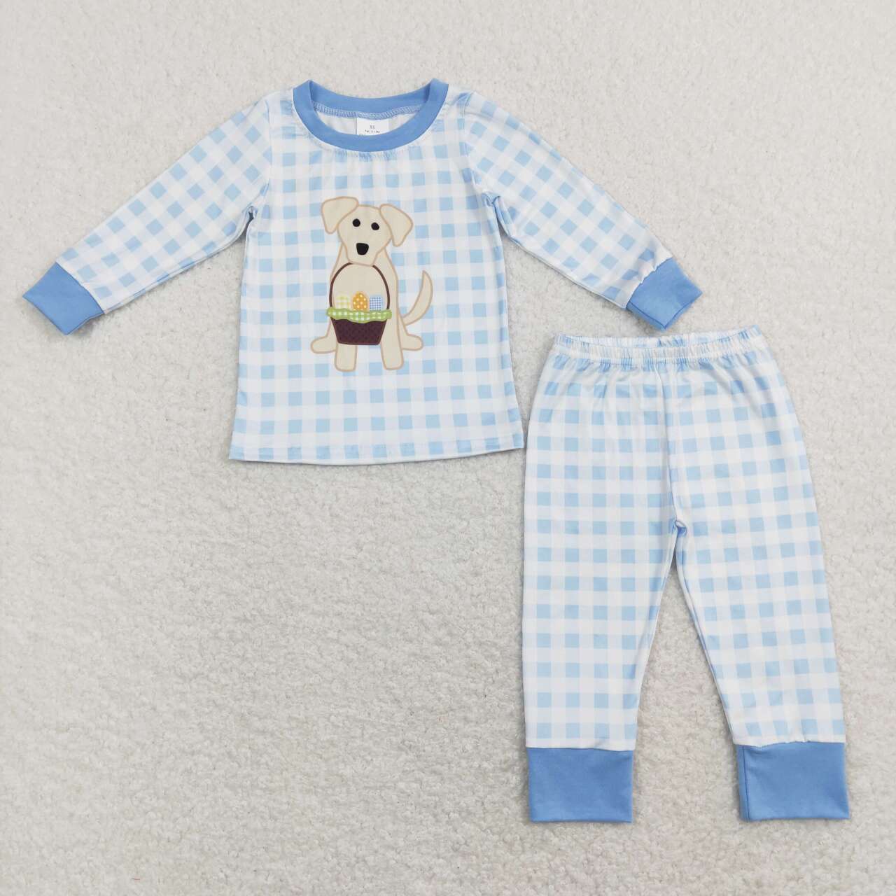 BLP0432 Easter Dog Egg Blue  Embroidery Boys Long Sleeve Pants Outfits Pajamas