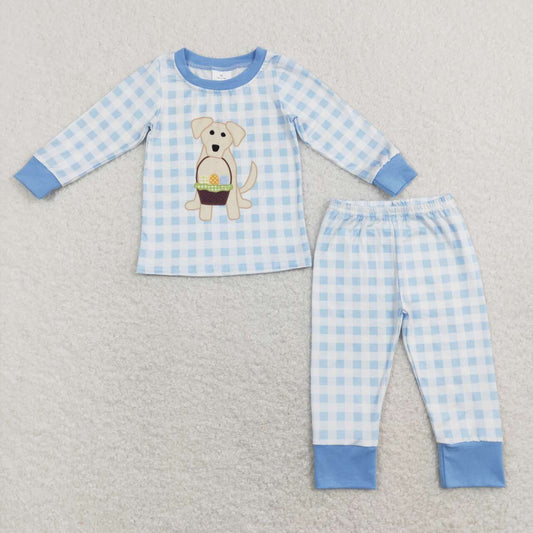 BLP0432 Easter Dog Egg Blue  Embroidery Boys Long Sleeve Pants Outfits Pajamas