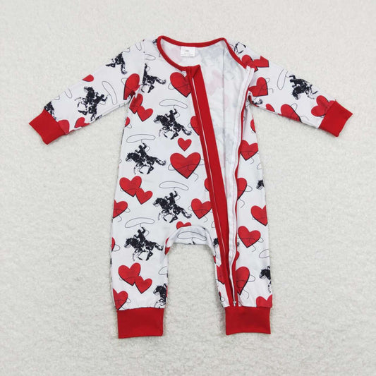 LR0903 Valentine Red Rodeo Zipper Girls Long Sleeve Romper