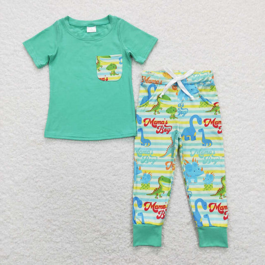 BSPO0204  Green Dinosaur  Boys Short Sleeve Bell Bottom Pants Outfits