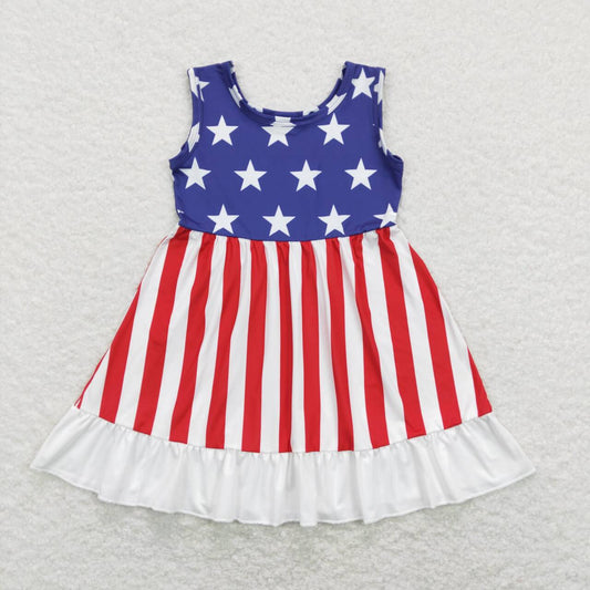 GSD0667 4th Of July Red Stripes Blue Star Girls Short Sleeve Dresses